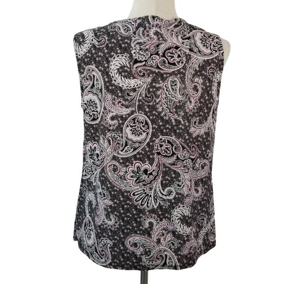 Roz & Ali Black Wine Pink Paisley Sleeveless Pleated Neck Blouse Nice Size Med - Picture 3 of 4